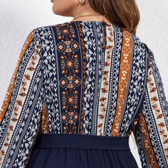 Melo Apparel Plus Size Printed Tie Belt Boat Neck Midi Dress - Picture 6 of 7